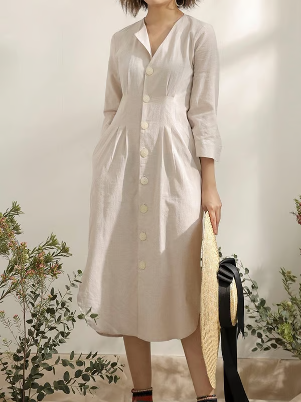 Grace | V-Neck Casual Button Solid Color Long Sleeve Dress