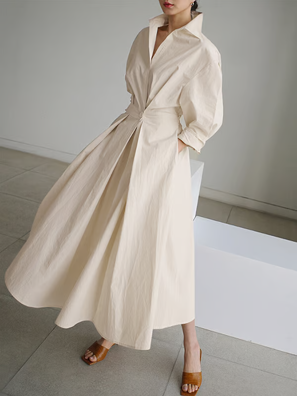 Liora | Lapel Maxi Shirt Dress with Pockets