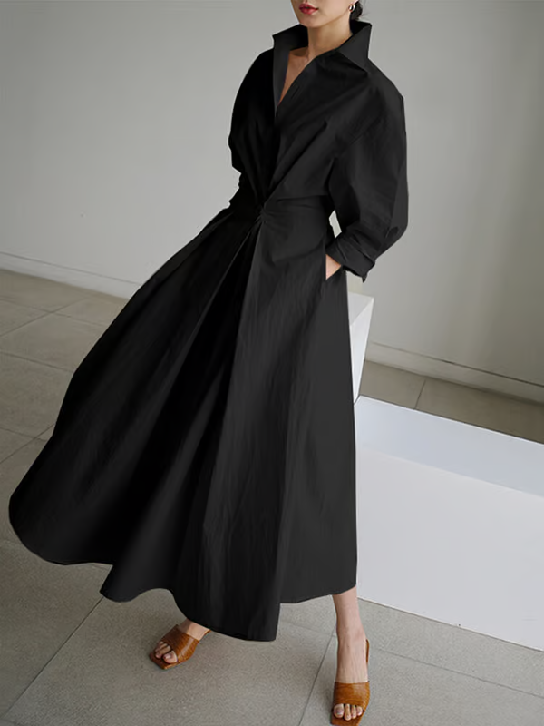 Liora | Lapel Maxi Shirt Dress with Pockets