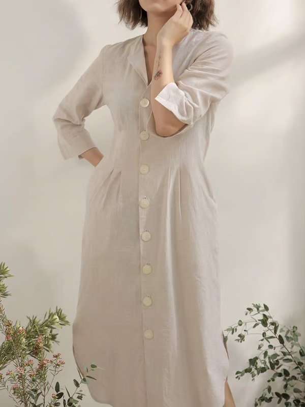 Grace | V-Neck Casual Button Solid Color Long Sleeve Dress