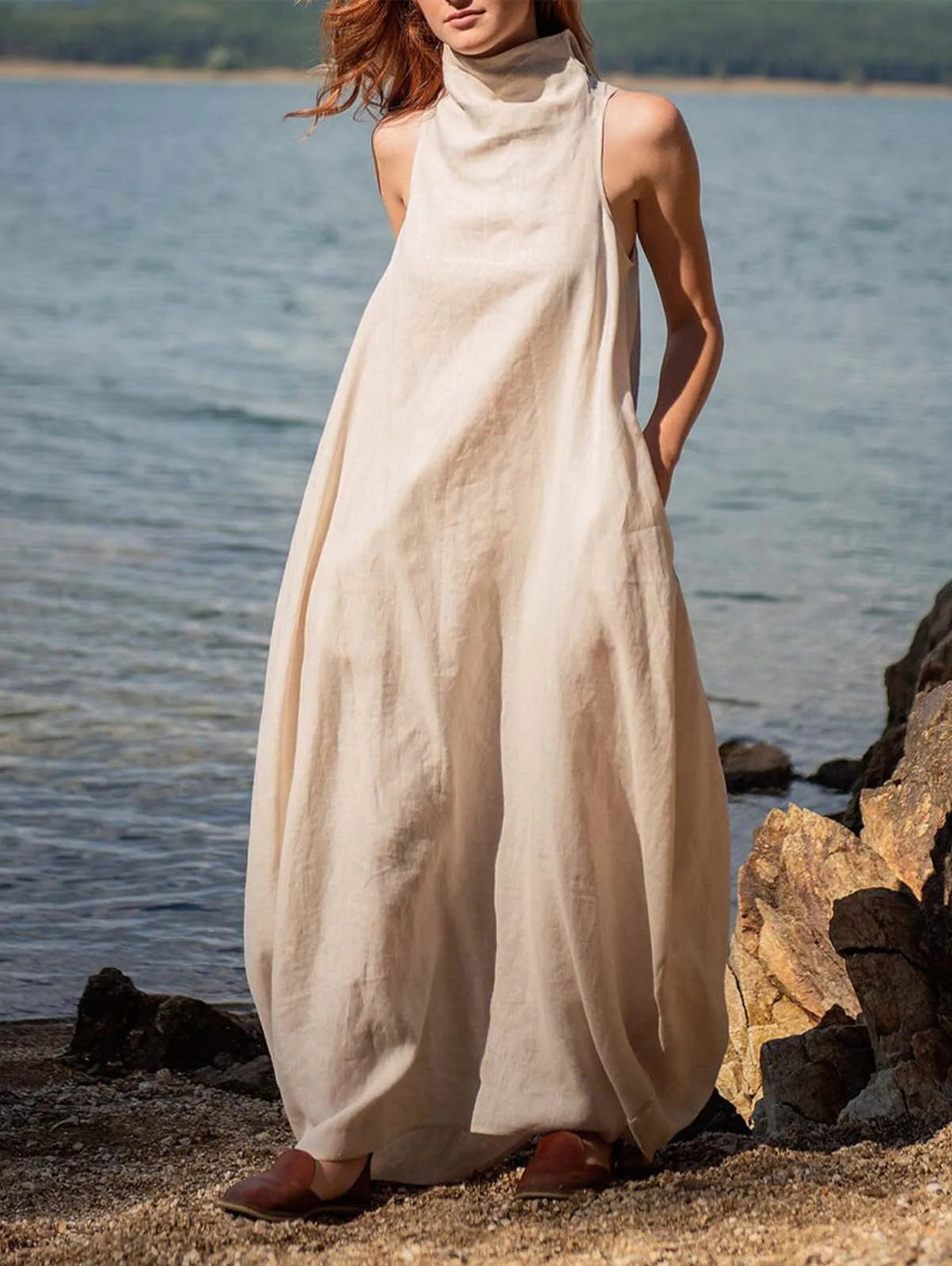 Elise | Stand Collar Pleated Linen Maxi Dress