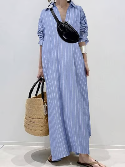 Aria | Striped Cotton Linen Shirt Dress