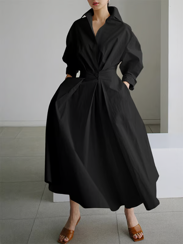 Liora | Lapel Maxi Shirt Dress with Pockets