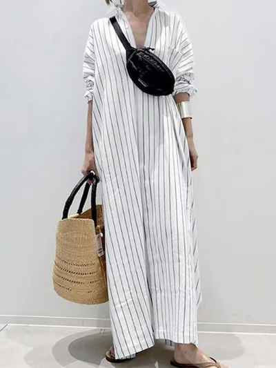 Aria | Striped Cotton Linen Shirt Dress