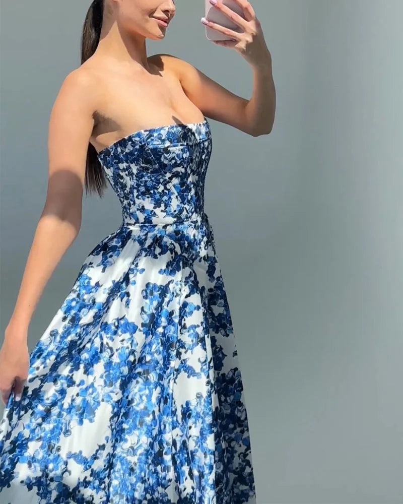 Adelina | Printed Strapless String Sundress