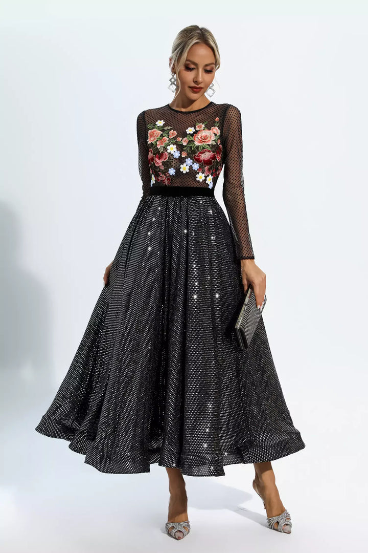 Taryn | Black Floral Embroidery Maxi Dress