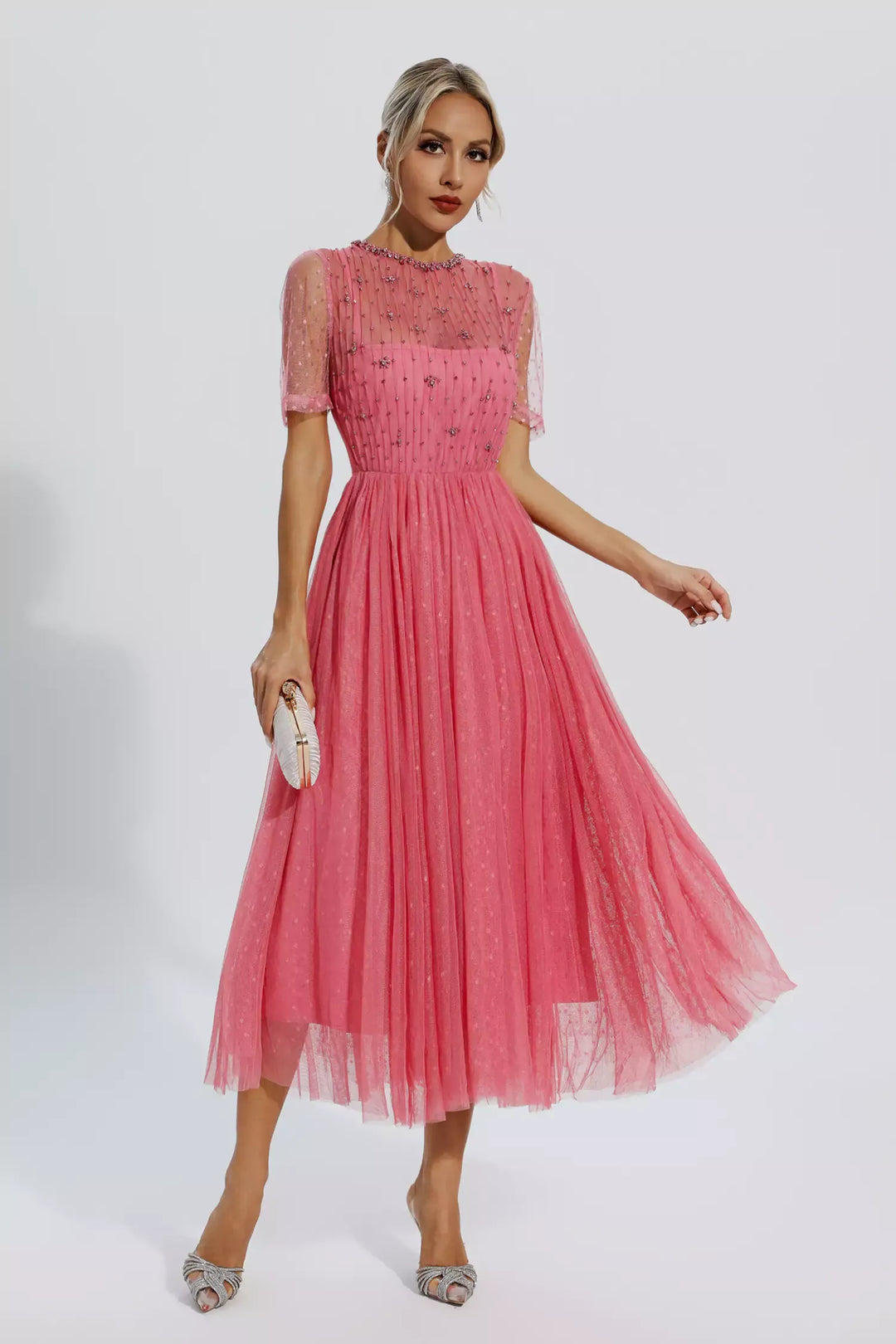 Delwyn | Pink Mesh Diamond Midi Dress