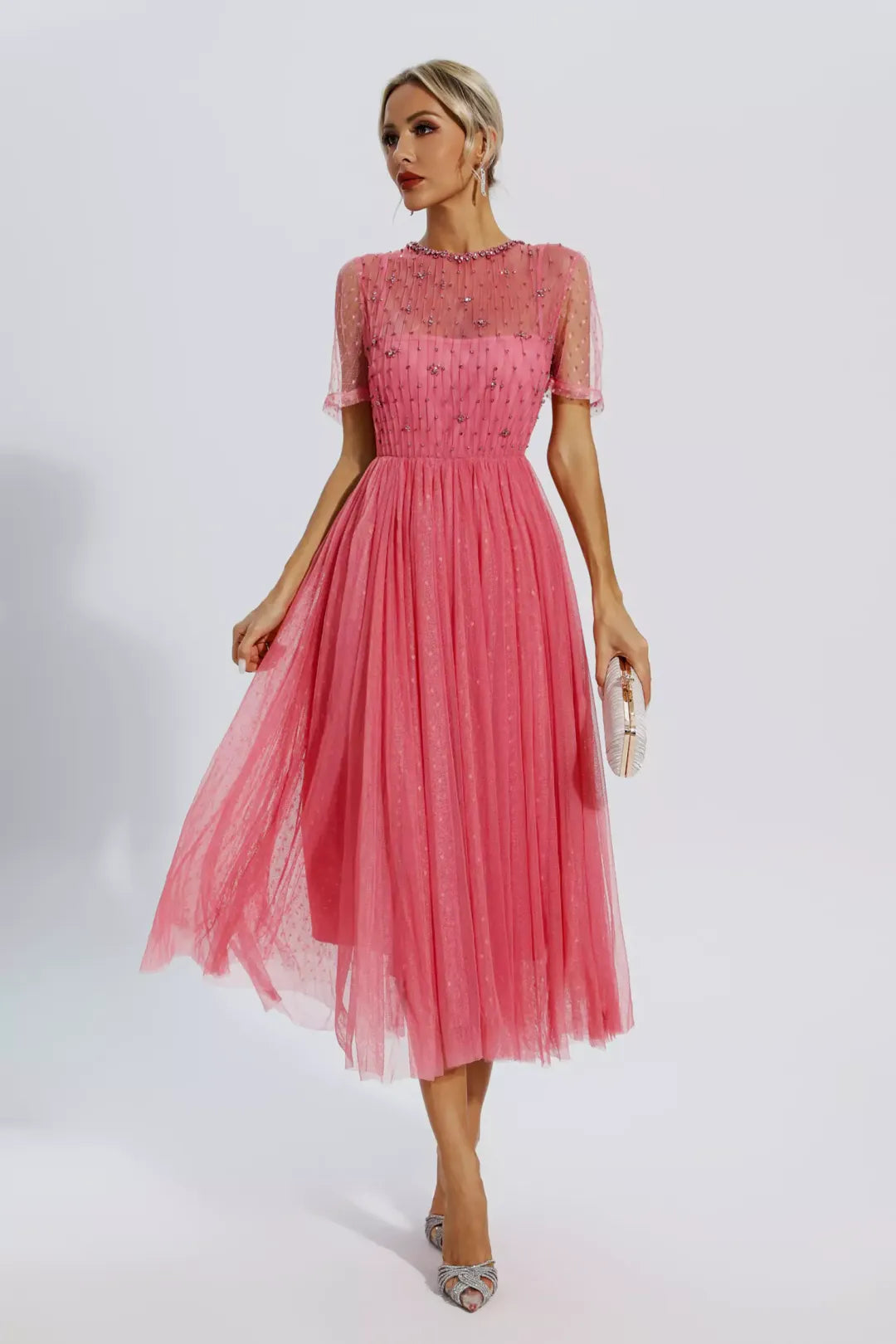 Delwyn | Pink Mesh Diamond Midi Dress