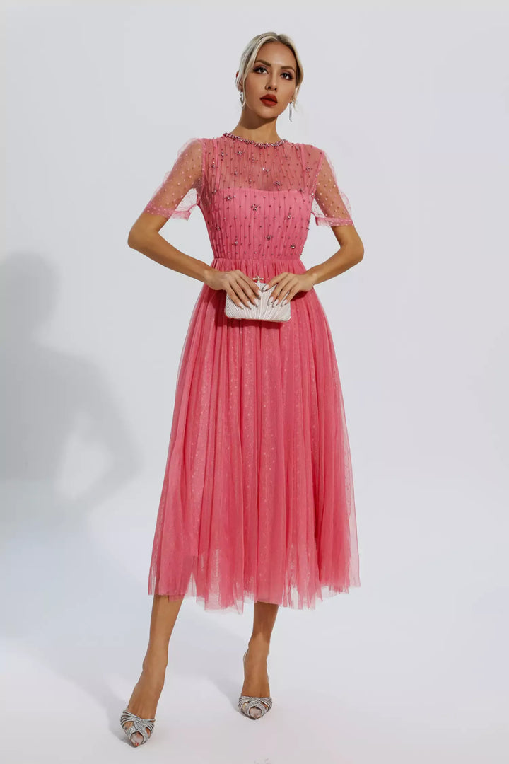 Delwyn | Pink Mesh Diamond Midi Dress