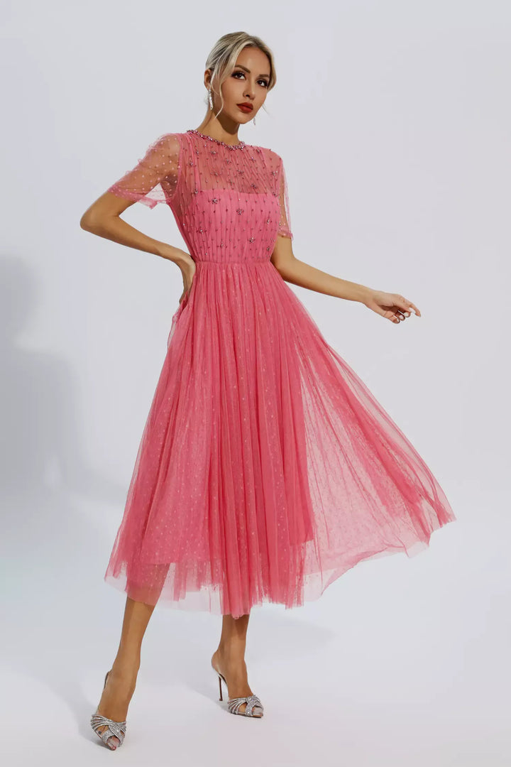 Delwyn | Pink Mesh Diamond Midi Dress