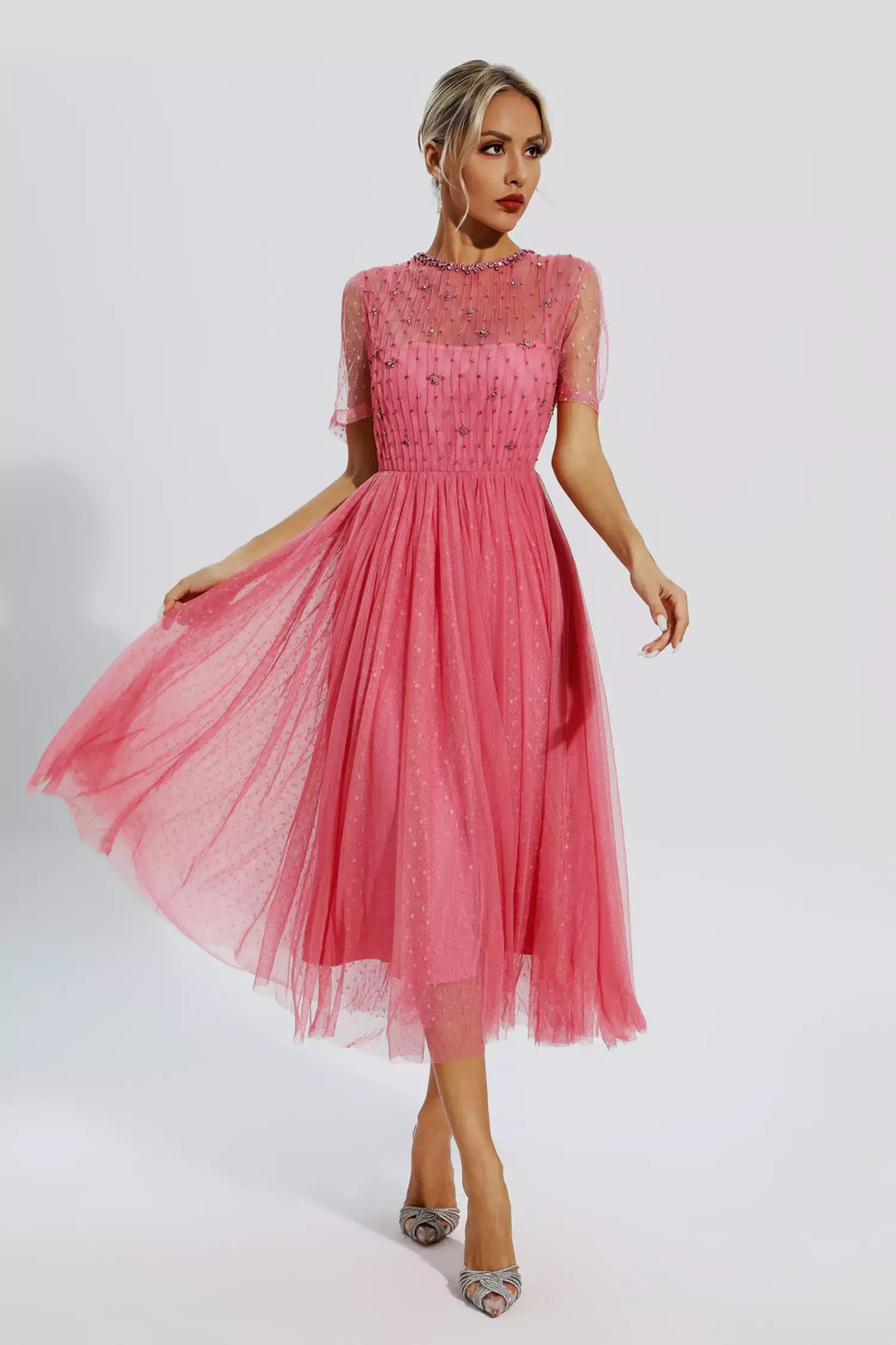 Delwyn | Pink Mesh Diamond Midi Dress