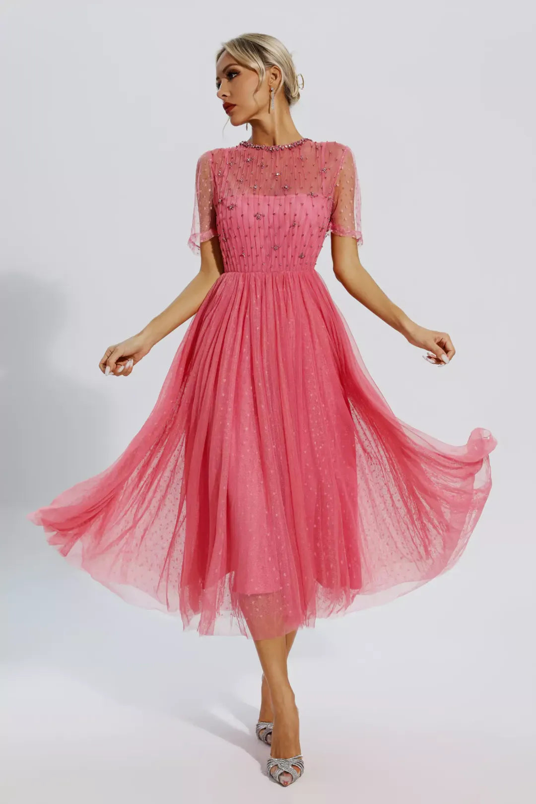 Delwyn | Pink Mesh Diamond Midi Dress