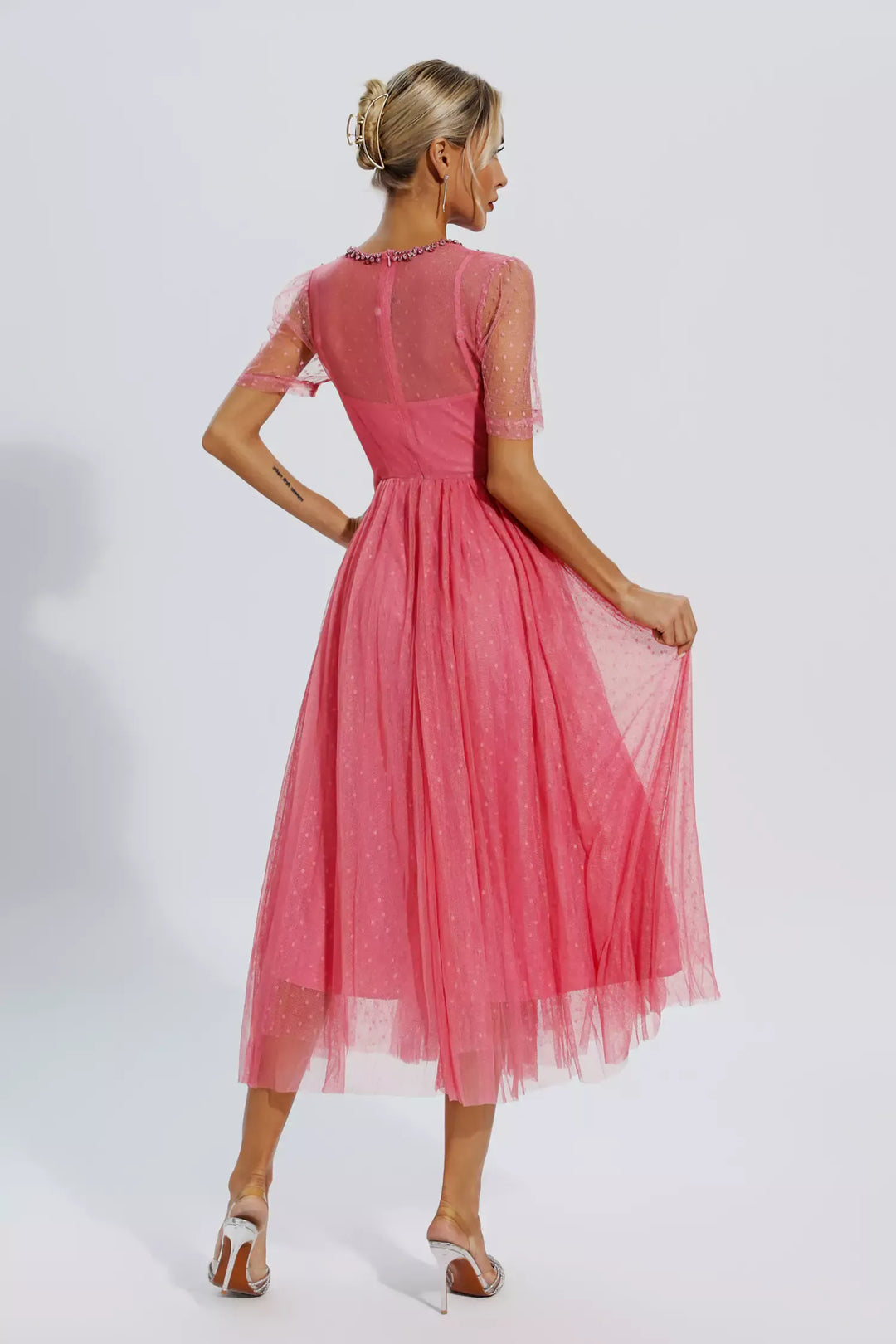 Delwyn | Pink Mesh Diamond Midi Dress