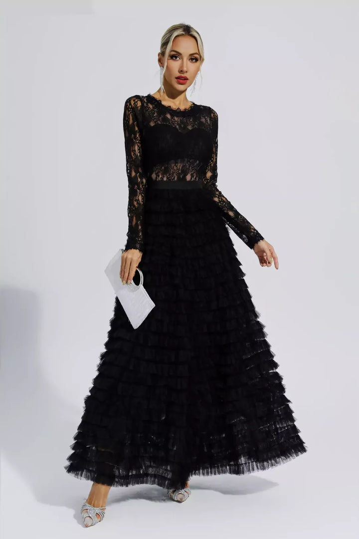 Dulcie | Black Hollow Lace A-line Maxi Dress