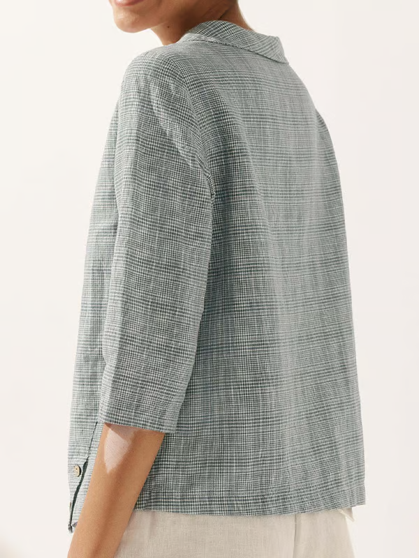 Eleanor | Linen Check Crew Neck Soft Lapel Top