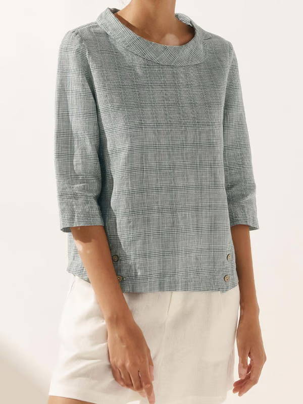 Eleanor | Linen Check Crew Neck Soft Lapel Top