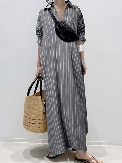 Aria | Striped Cotton Linen Shirt Dress